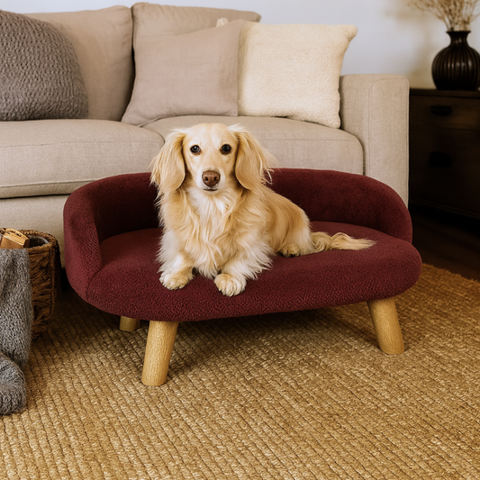 Luxury Plush Pet Bed with Wooden Legs –  Burgundy Color