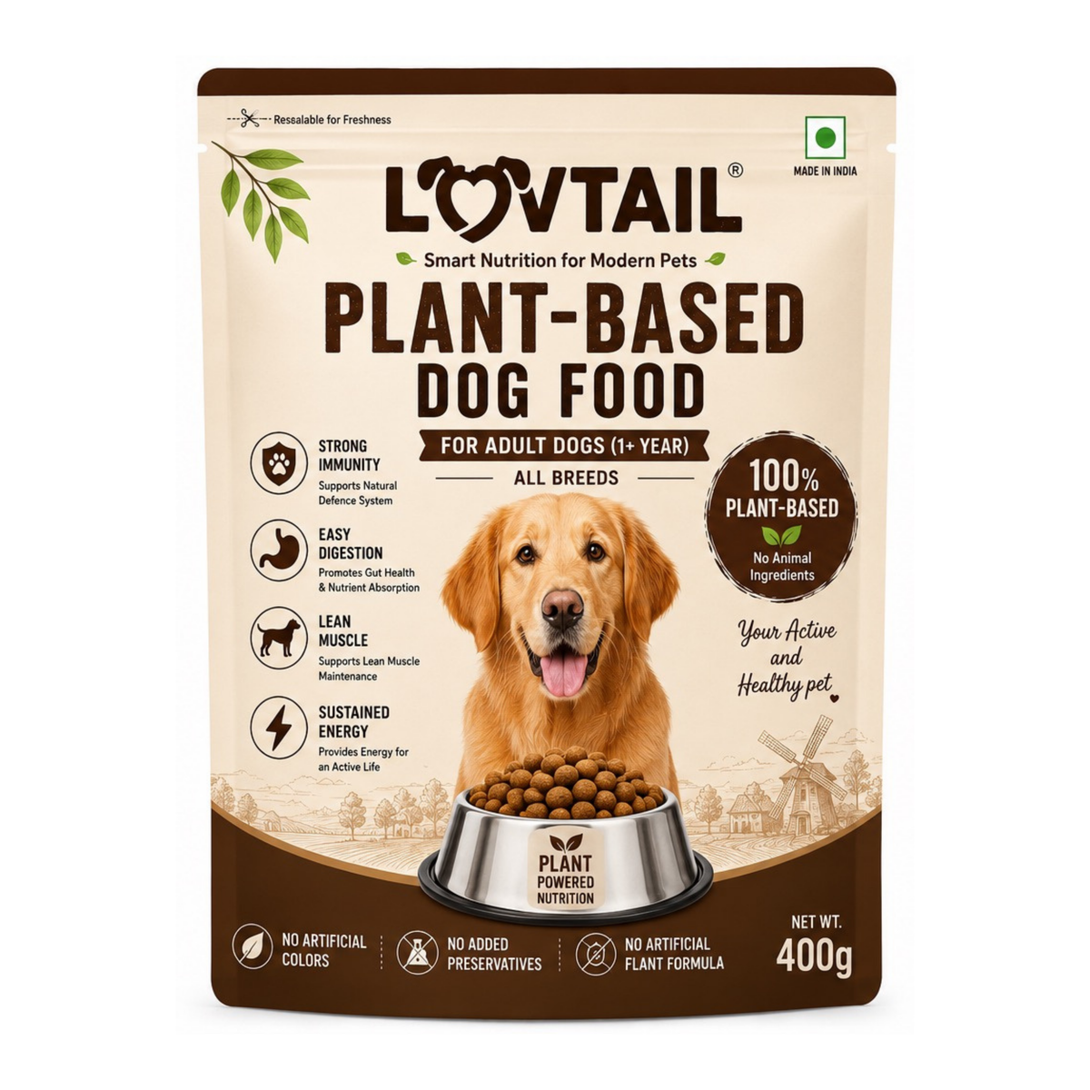 Adult Dog Food | 100% Plant-Based | Supports Gut Health, Immunity & Lean Muscle | 400g x 4 pack