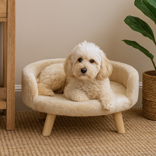 Cozy Plush Elevated Pet Bed – Semi-Enclosed Design with Wooden Legs