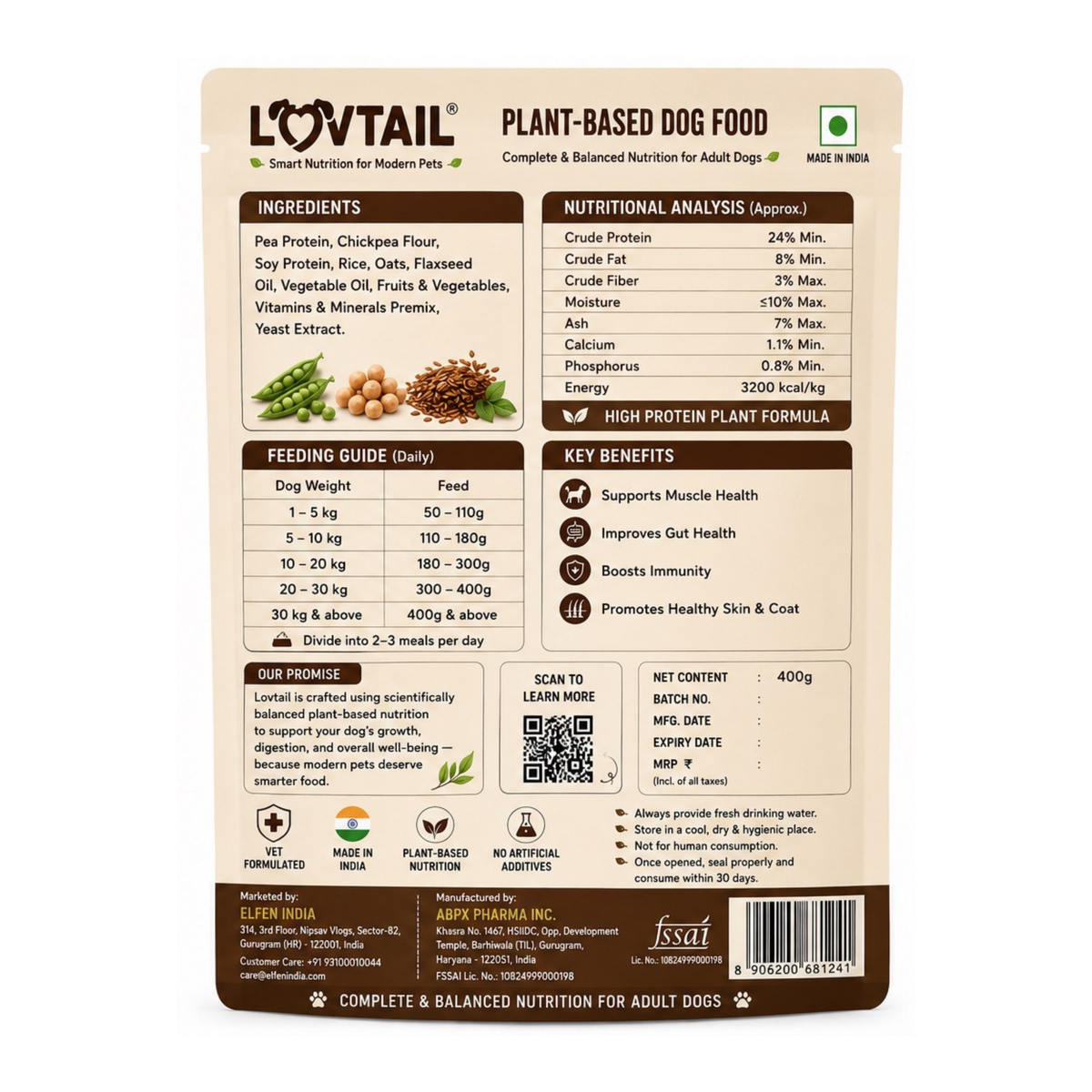Adult Dog Food | 100% Plant-Based | Supports Gut Health, Immunity & Lean Muscle | 400g x 4 pack