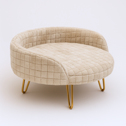 Cozy Grid Pet Bed with Gold Hairpin Legs – Beige