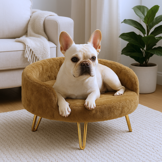 Plush Luxe Pet Bed with Gold Hairpin Legs – Camel Brown