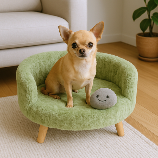 Plush Cozy Pet Bed with Natural Wood Legs – Light Green