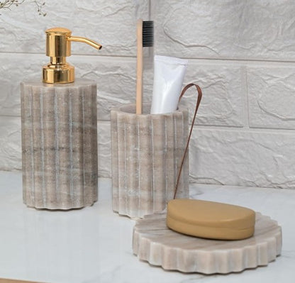 Beige Fluted Marble Bathroom Set with Gold Pump – 3 Piece
