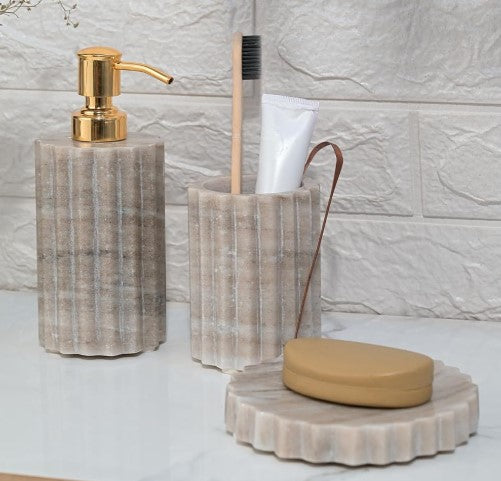 Beige Fluted Marble Bathroom Set with Gold Pump – 3 Piece