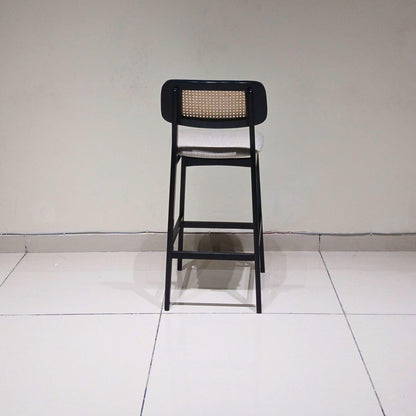 Black Wooden Bar Stool with Cane Backrest & Cushioned Seat