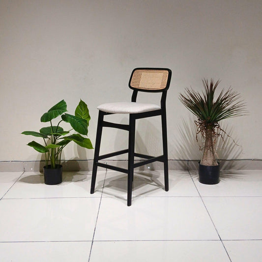 Black Wooden Bar Stool with Cane Backrest & Cushioned Seat